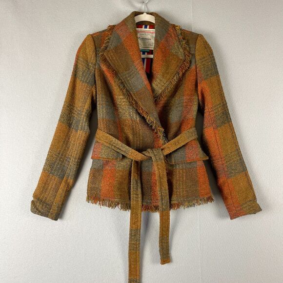 Anthropologie Jackets & Blazers - Anthropologie Cartonnier Plaid Wrap Blazer Women 0 Brown Fringe Tweed Fall